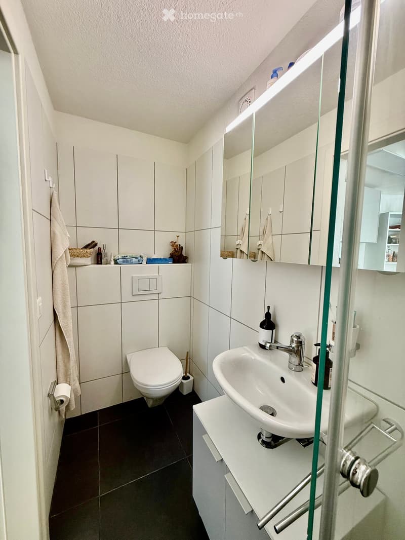 Modern bathroom with white tiles, a toilet, a sink with a mirror, and a towel hanging on the wall. The sink has a modern faucet and a soap dispenser. A small basket with toiletries is placed on the cabinet above the toilet.