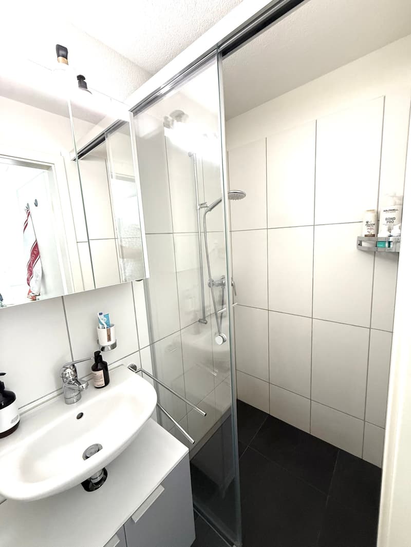 Modern bathroom with a white sink, mirror, glass-enclosed shower, and various toiletries neatly arranged.