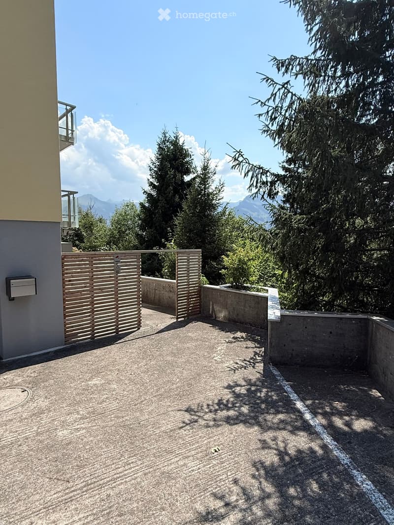A modern balcony with a wooden fence, concrete floor, and scenic mountain view in the background.