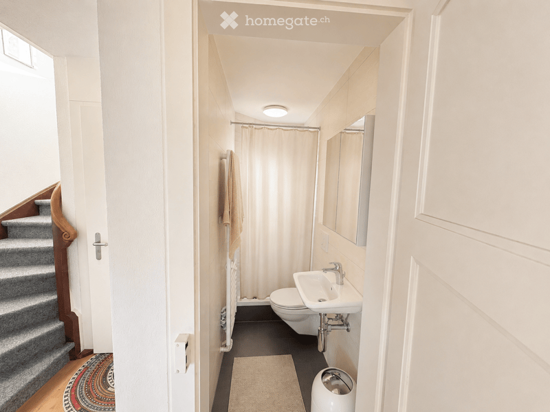 Modern bathroom with a toilet, sink, mirror, shower curtain, and a towel hanging on the wall. The space is compact with light-colored tiles and a small rug on the floor.