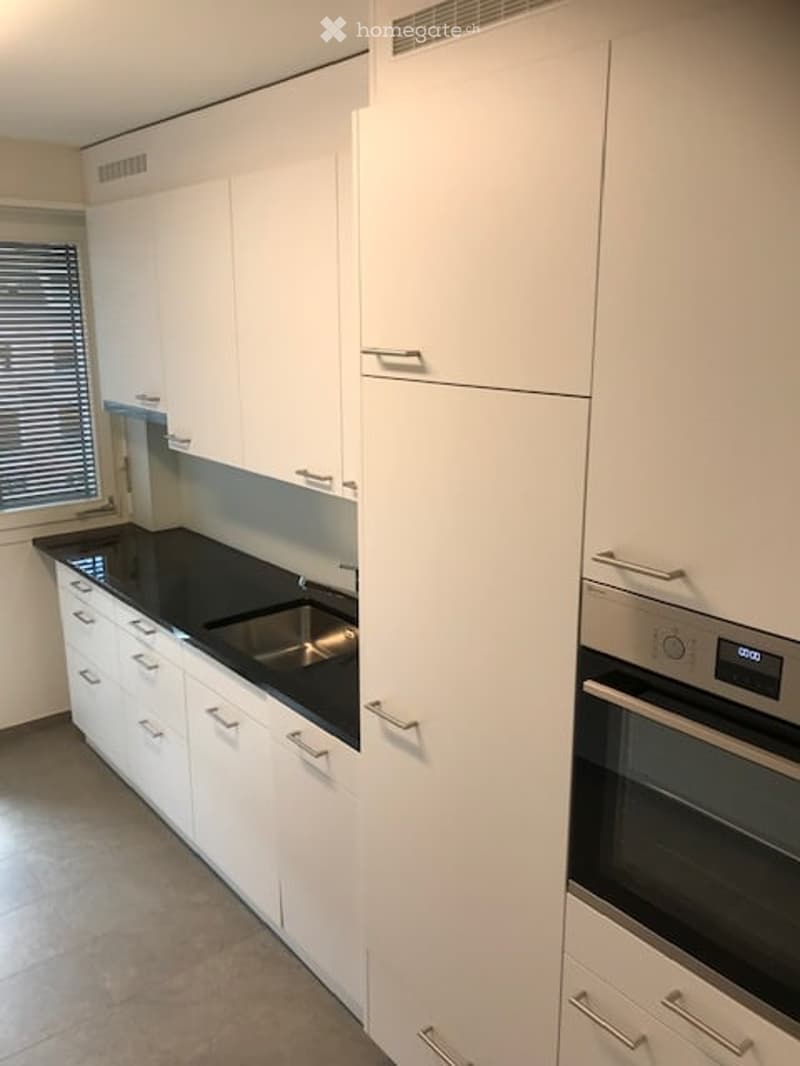 Modern kitchen with white cabinets, black countertop, stainless steel sink, and built-in oven.