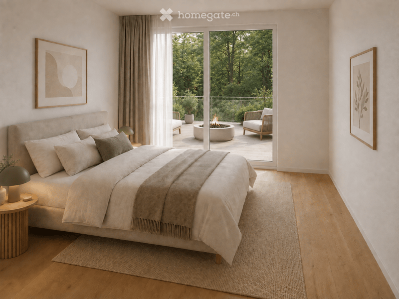 Modern bedroom with a large bed, nightstand, lamp, and artwork. Large windows open to a balcony with a fire pit and outdoor seating.