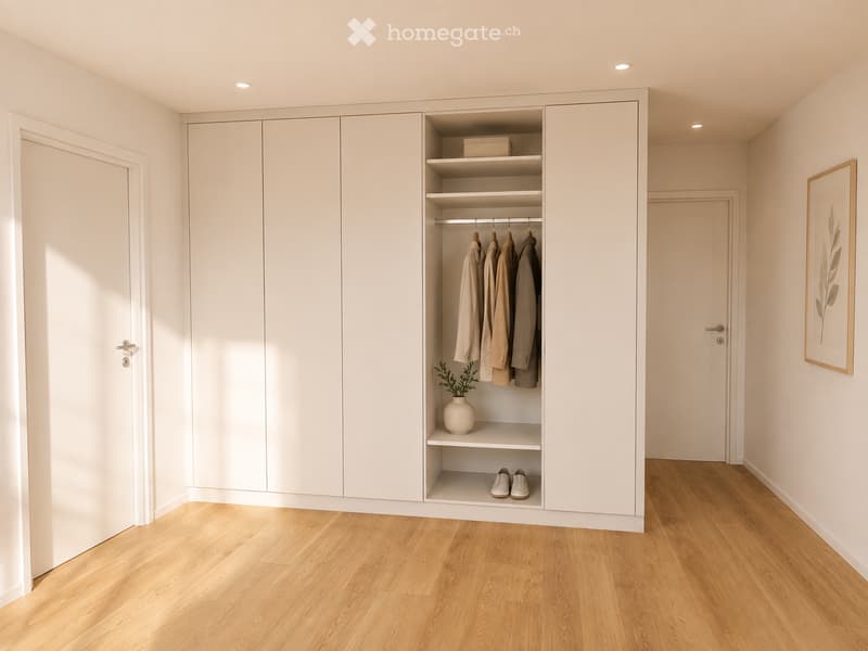 A modern, minimalist walk-in closet with white built-in wardrobes, open shelving, a small vase with greenery, and a framed picture on the wall.