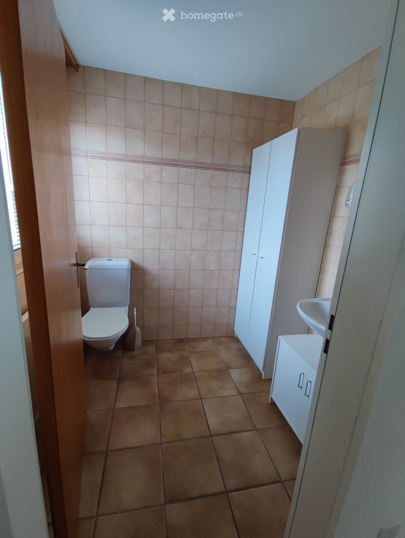 Bathroom with beige tiled walls, brown tiled floor, toilet, sink, and white cabinets.