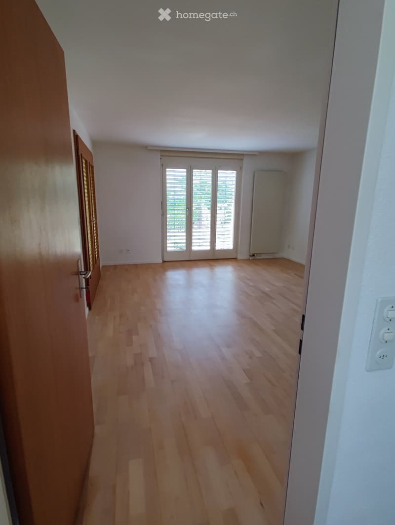 Empty hallway with light wooden flooring, white walls, and large glass doors leading outside.