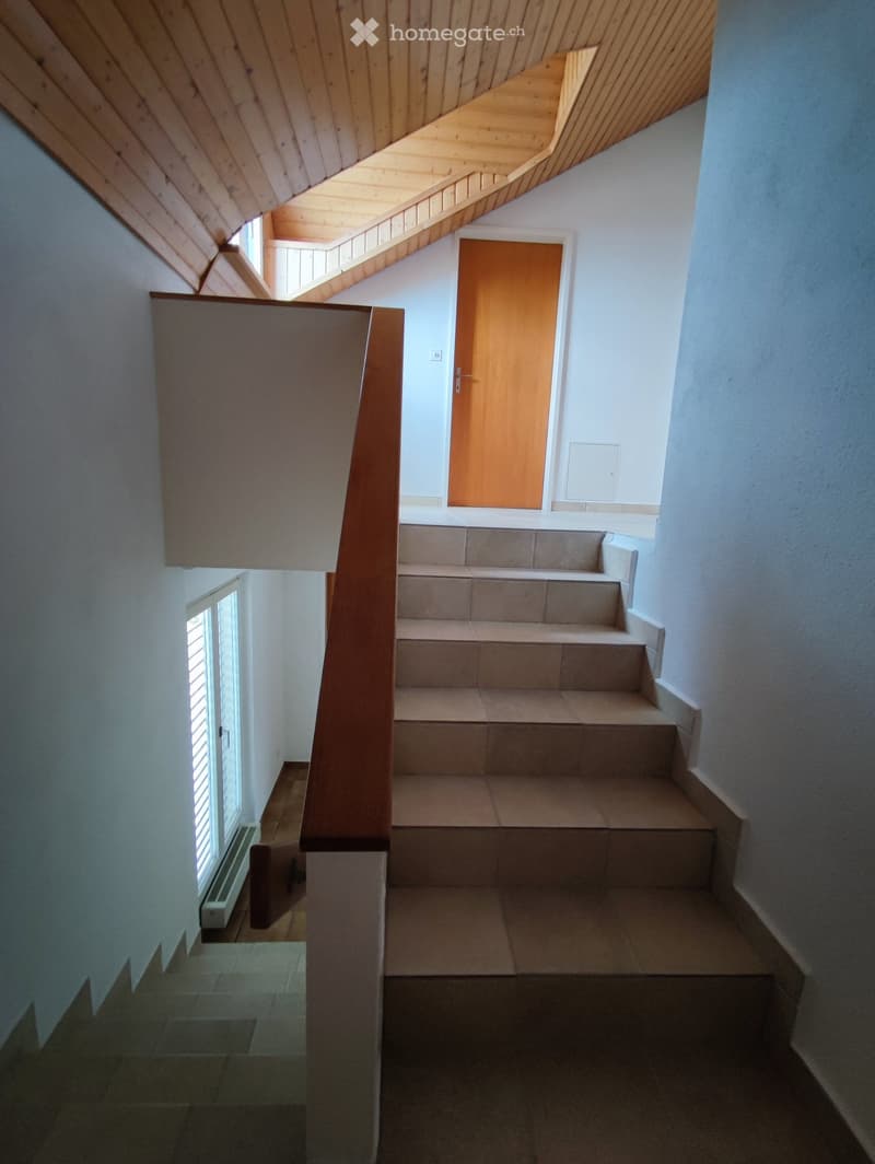 Modern hallway with wooden staircase, white walls, and natural light from skylights.