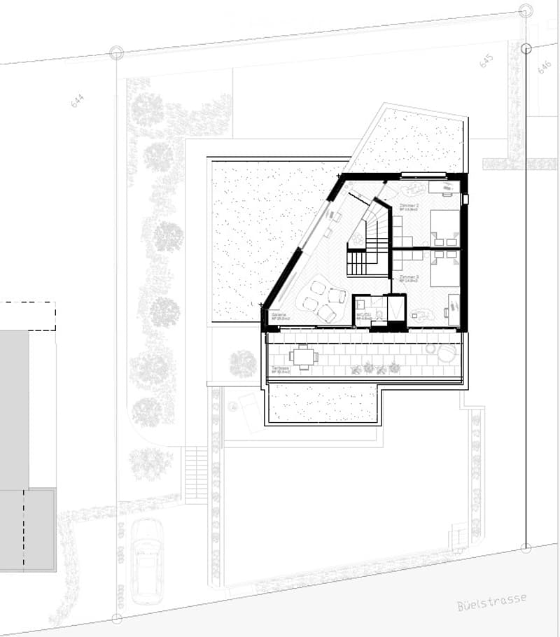Floor plan of a modern house with two floors, including living room, dining room, kitchen, bedrooms, bathrooms, and a parking area.
