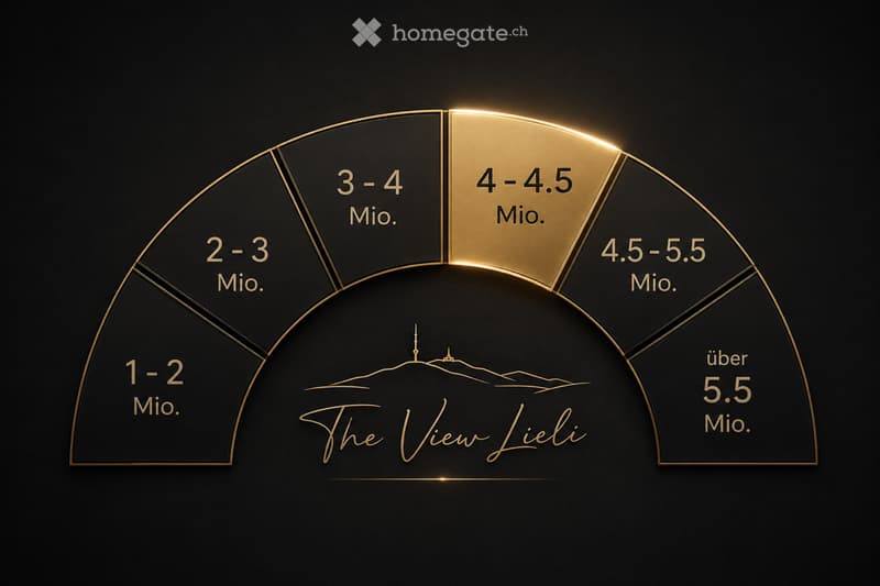 A graphic showing a scale of property values ranging from 1-2 Mio. to über 5.5 Mio., with a stylized mountain and the text "The View Lili".