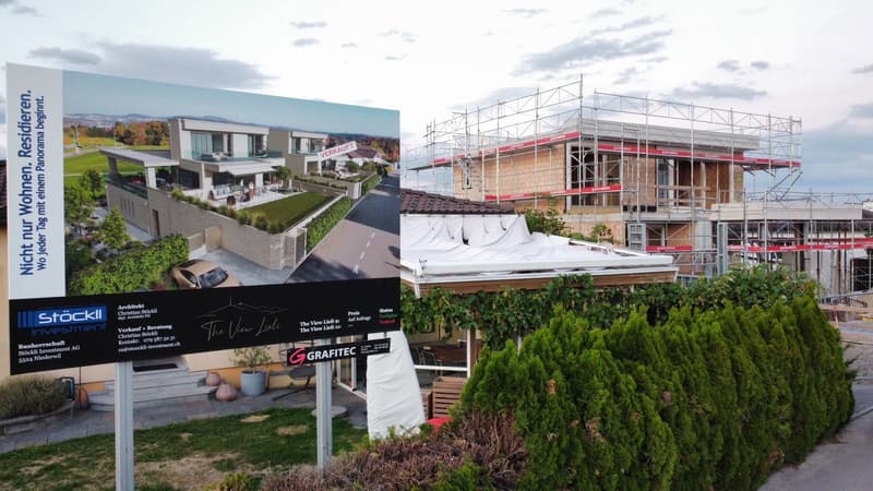 A modern residential building under construction with scaffolding, surrounded by greenery and a promotional signboard displaying an image of a completed luxury home.