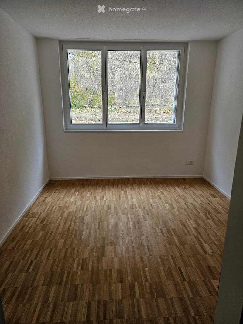 Empty room with wooden flooring and large windows with frosted glass panels, showing an outdoor view.