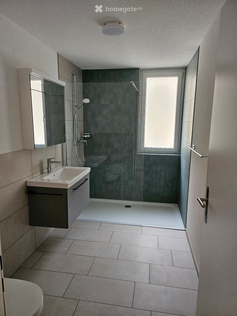 Modern bathroom with a white tiled floor, a sink with a mirror cabinet, a glass-enclosed shower, and a toilet. The space is well-lit with natural light from a window.