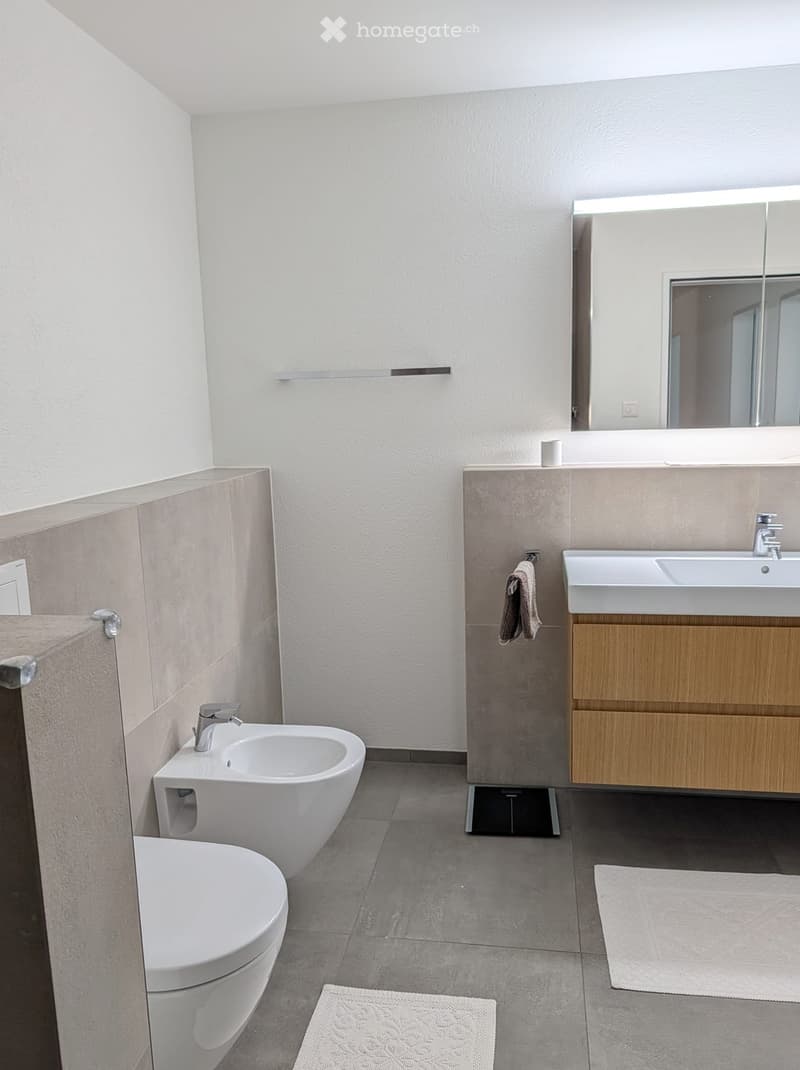 Modern bathroom with white toilet, sink, and mirror, wooden cabinet, and two towels on the floor.