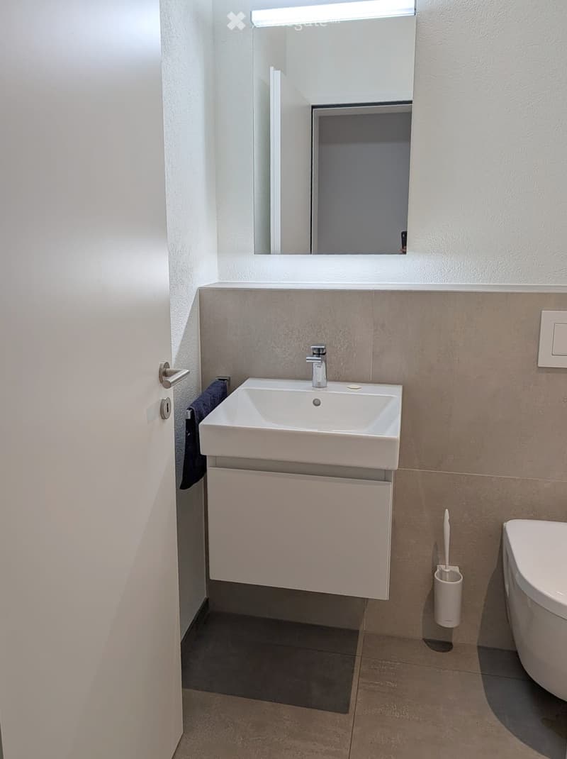 Modern bathroom with a white sink, faucet, mirror, cabinet, and toilet. Features a toothbrush holder and a towel hanging on the door.