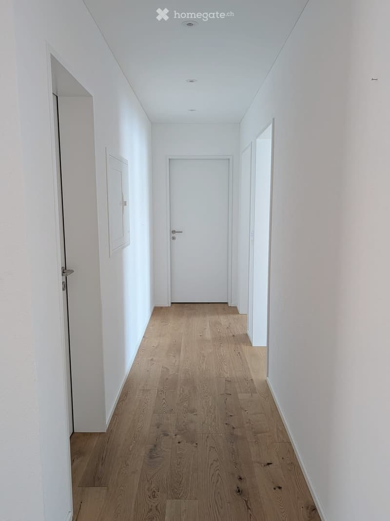A clean, modern hallway with light wooden flooring and white walls, featuring several closed doors and recessed ceiling lighting.