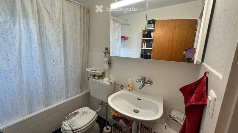 A compact bathroom with a toilet, sink, mirror, bathtub, and a wooden cabinet. A red towel hangs on the wall, and a shower curtain is visible in the background.