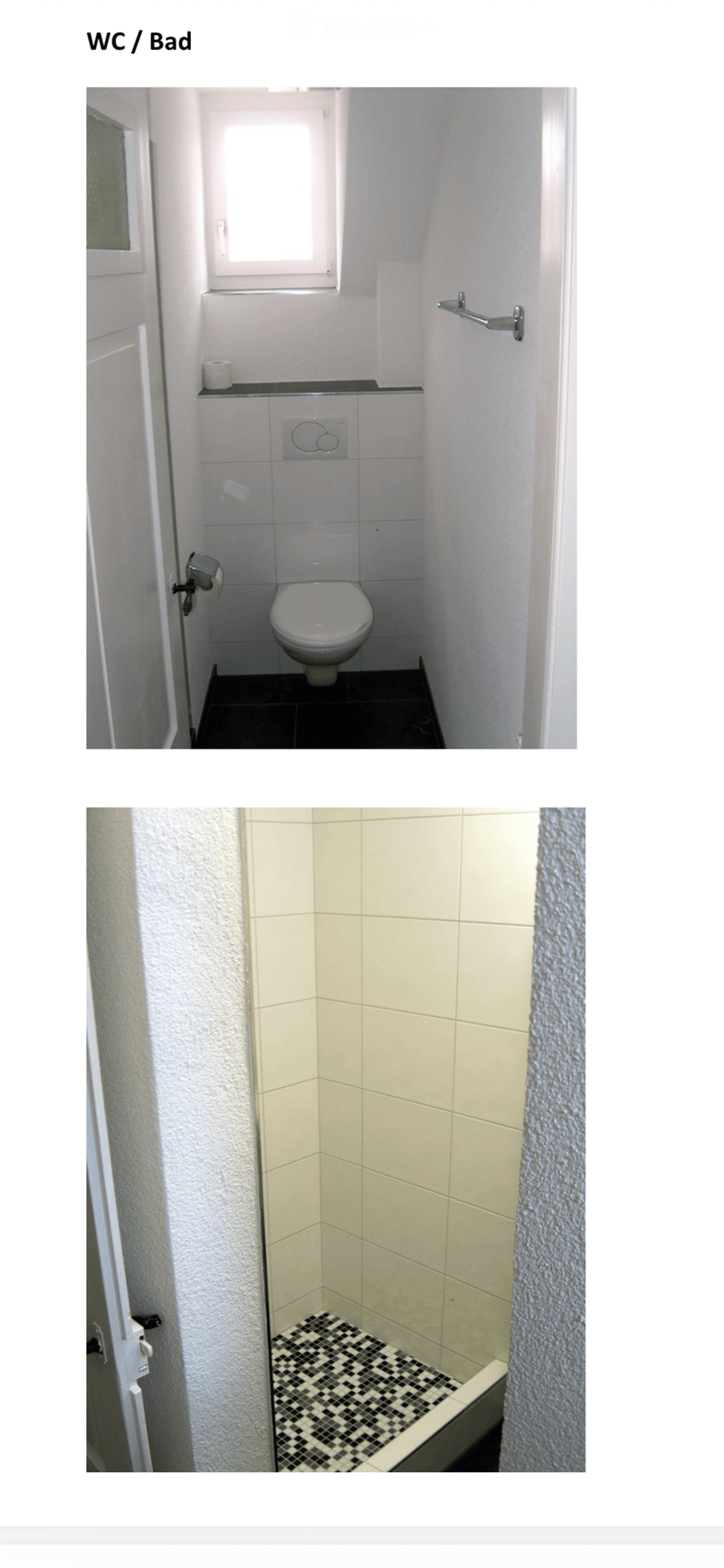 Compact bathroom with white tiled walls, black tiled floor, toilet, towel rack, and small window above the toilet.