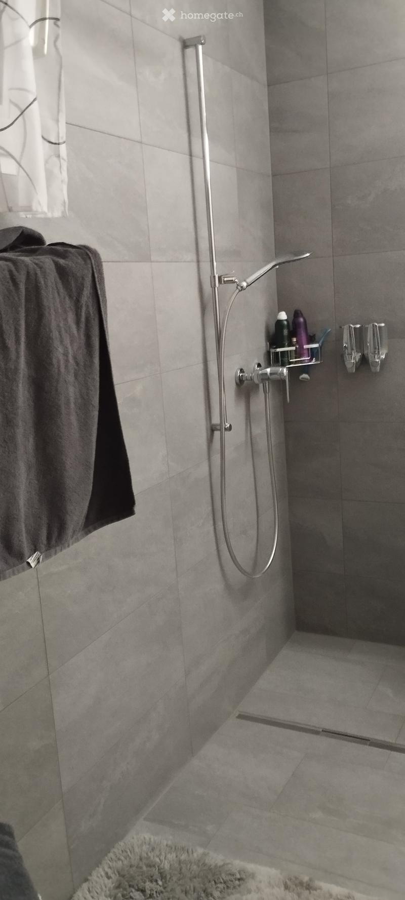 Modern bathroom with grey tiles, a shower with a handheld sprayer, a towel on a rack, and a small shelf holding toiletries.