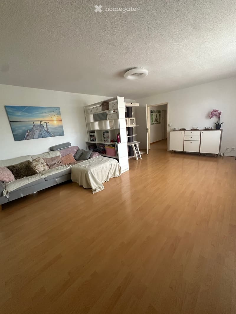 A modern living room with a sofa, bed, shelves, and a cabinet. The room features wooden flooring and a large painting on the wall.