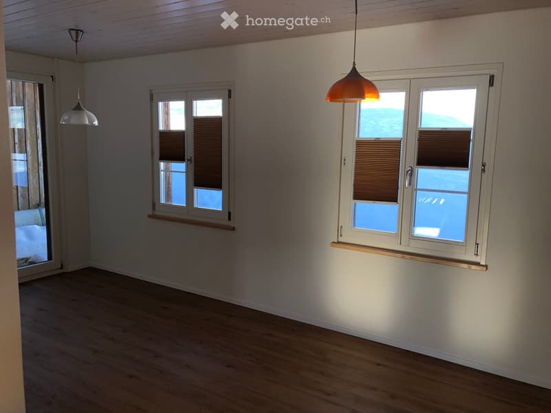 Empty room with wooden flooring, white walls, and large windows with blinds. Two pendant lights hang from the ceiling.