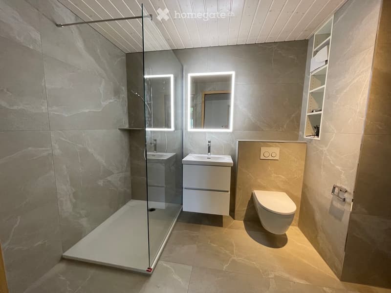 Modern bathroom with a glass-enclosed shower, double sink vanity, toilet, and illuminated mirrors.