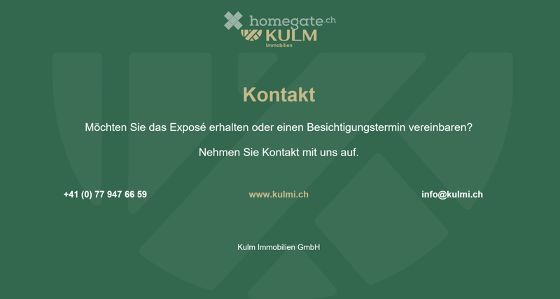 Green background with text in German, including contact information for KULM Immobilien GmbH.