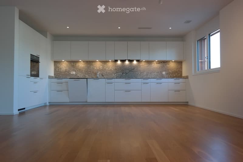 Modern kitchen with white cabinets, a built-in oven, and a dishwasher, featuring a marble backsplash and wooden flooring.