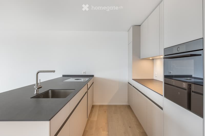 Modern kitchen with white cabinets, dark countertops, and a stainless steel sink and faucet.