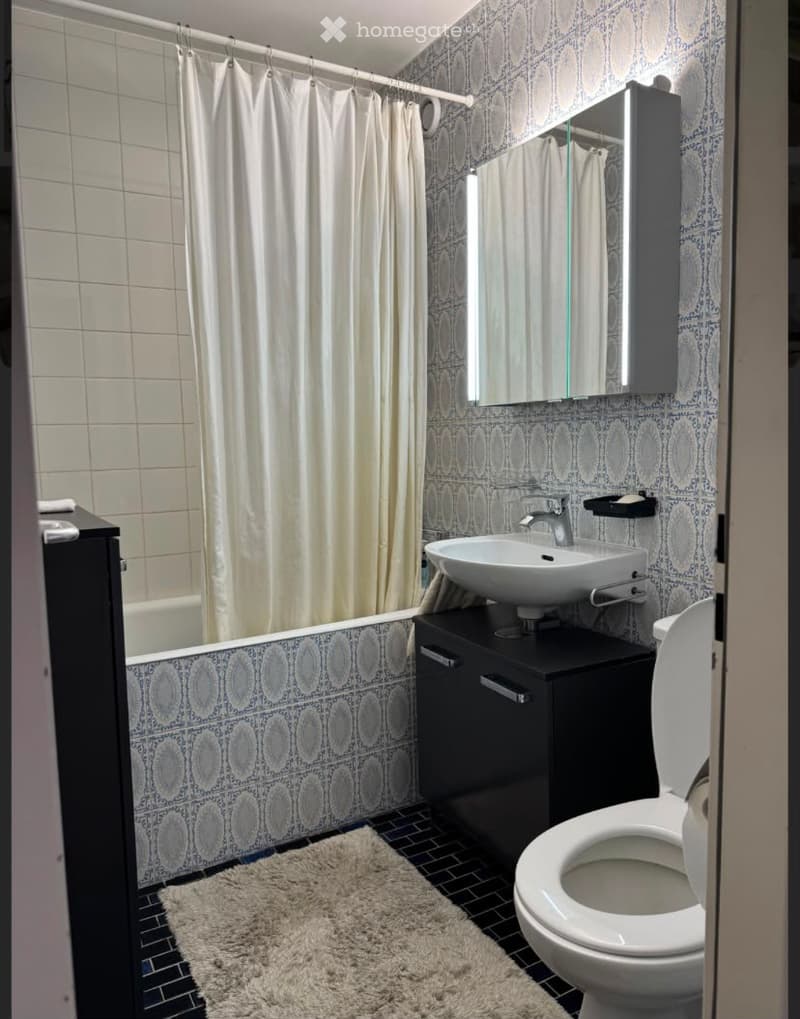 Modern bathroom with blue and white patterned tiles, a white sink, toilet, bathtub, and a mirror above the sink. A shower curtain is visible, and a fluffy rug is placed on the floor.