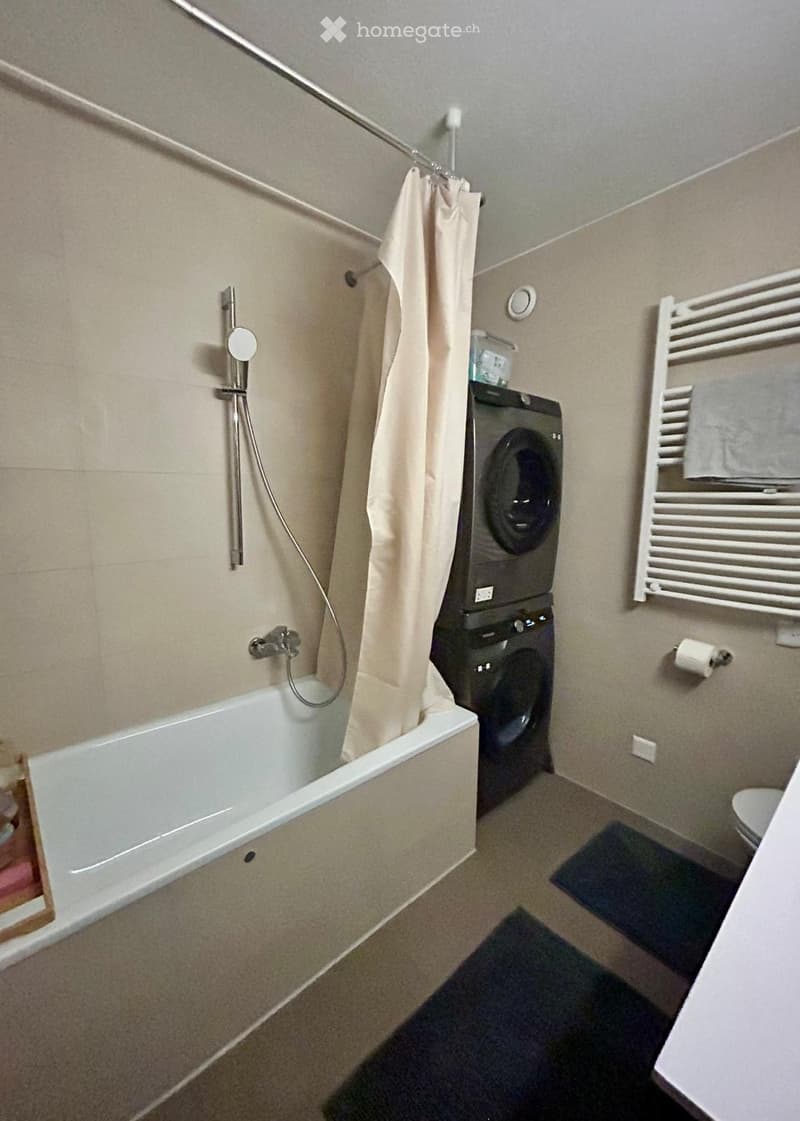 Modern bathroom with a bathtub, shower curtain, radiator, washing machine, toilet paper holder, and toilet.