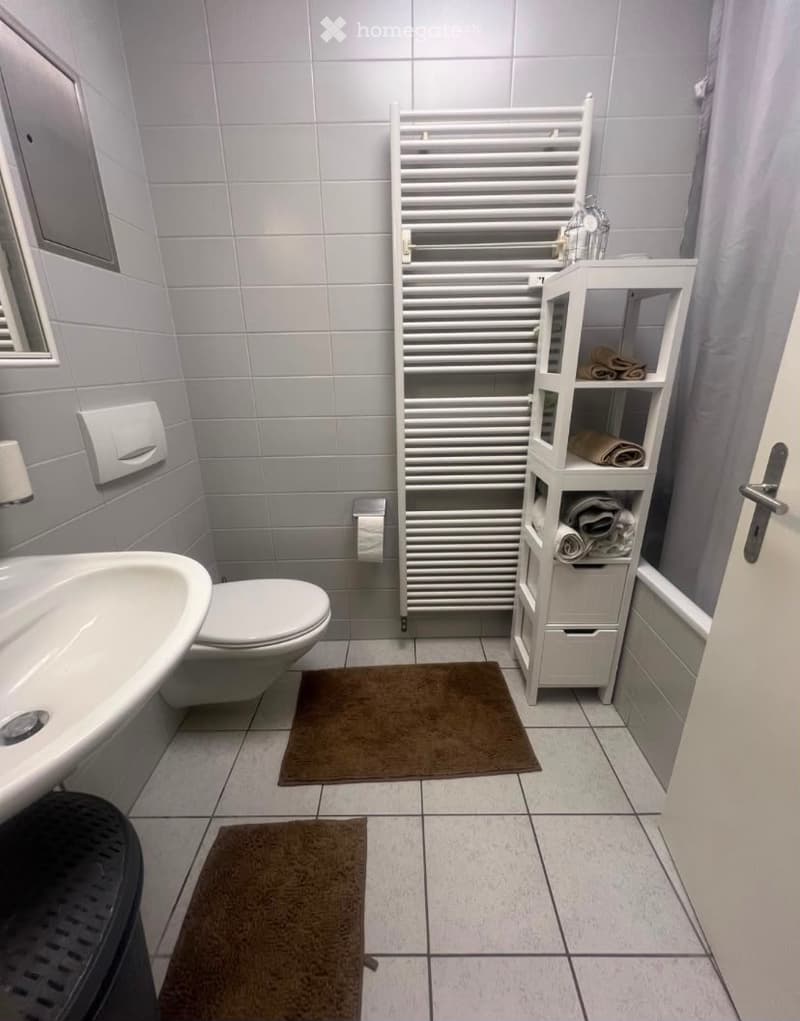 Modern bathroom with white tiles, a sink, toilet, radiator, towel rack, and a small cabinet holding towels.