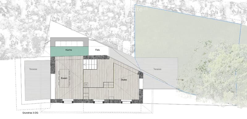 Floor plan of a 3rd floor showing a kitchen, dining area, living room, and two terraces.