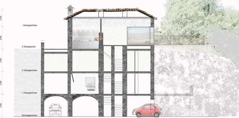 Floor plan of a multi-level building with garage, raised ground floor, and rooftop terrace.