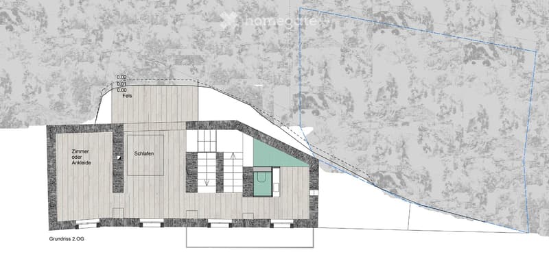 Floor plan of a two-story building showing rooms labeled 'Zimmer oder Ankleide' (bedroom or dressing room) and 'Schlafen' (sleeping area), with a small green area likely representing a bathroom or utility space.
