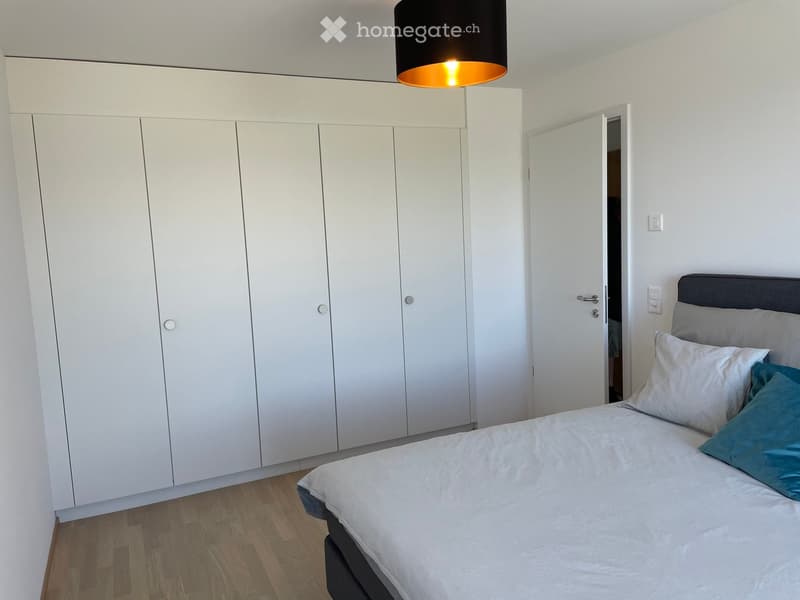 Modern bedroom with a white wardrobe, a neatly made bed with pillows, and a pendant light hanging from the ceiling.