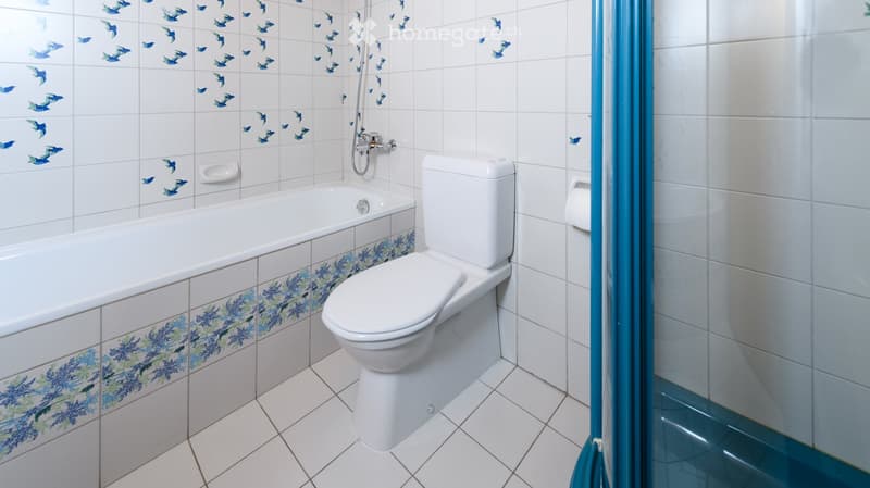 Modern bathroom with white tiles, blue bird pattern, bathtub, toilet, and glass shower enclosure.
