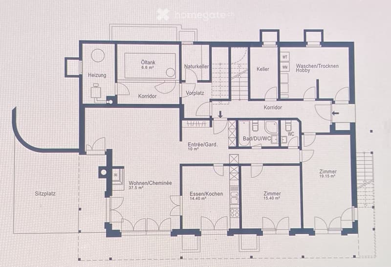 Floor plan of a house with multiple rooms including living room, dining room, kitchen, bedrooms, bathroom, and utility areas.