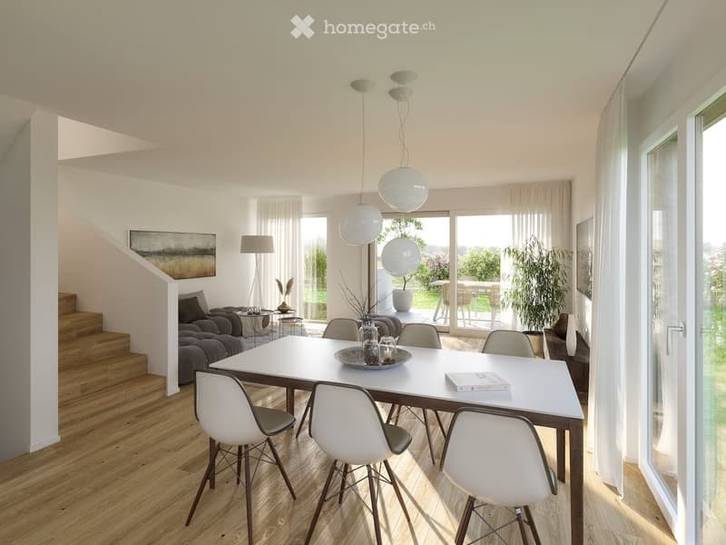 Modern dining area with a white dining table, white chairs, a sofa, a floor lamp, and a staircase leading to an upper level.