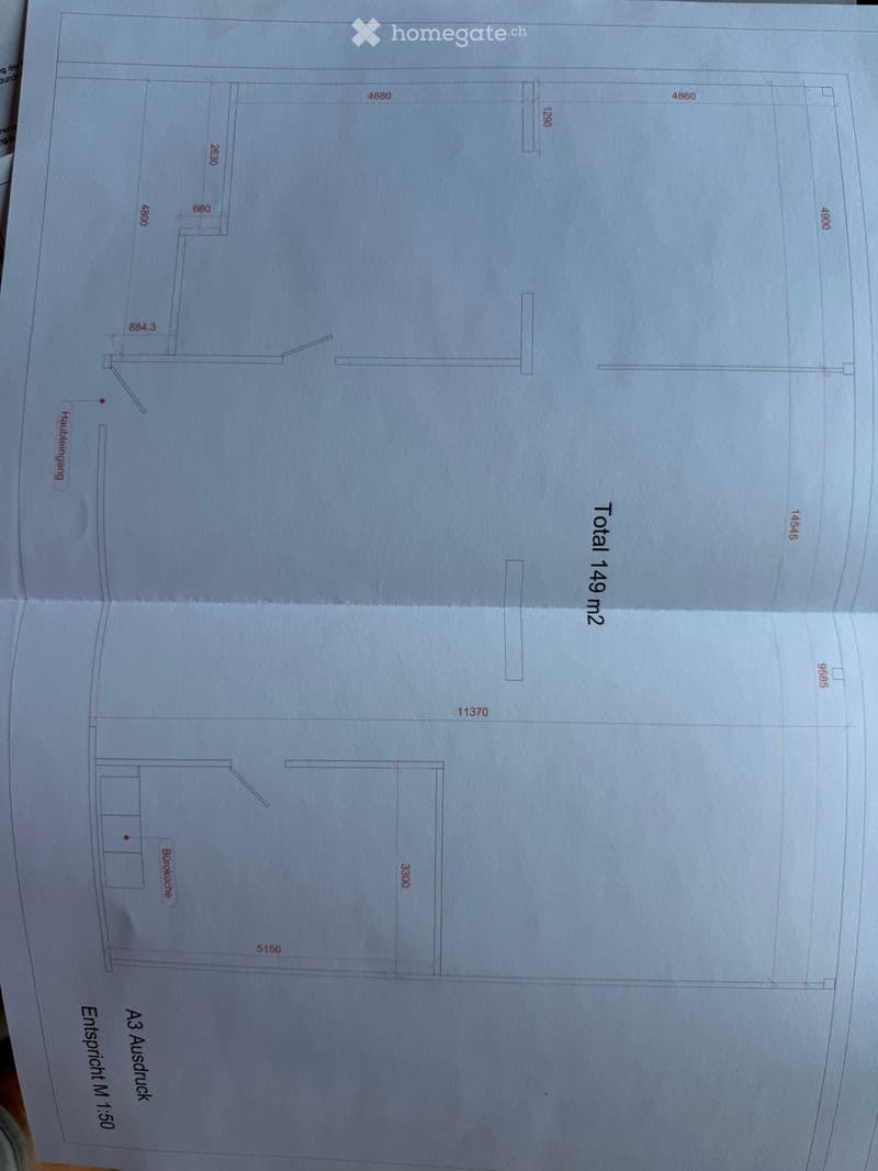 Floor plan showing a layout with labeled dimensions, including a kitchen area and total area of 149 m².