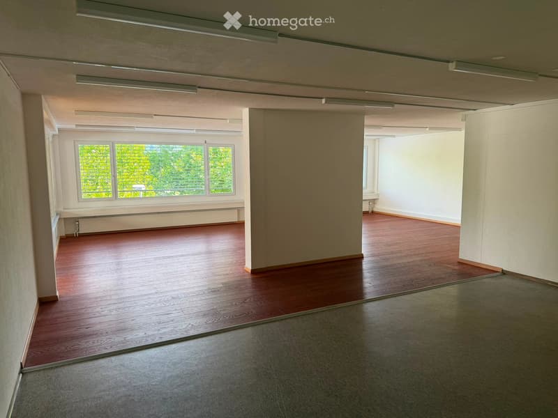 Empty room with wooden flooring, large windows, and a concrete floor area. No furniture or equipment present.