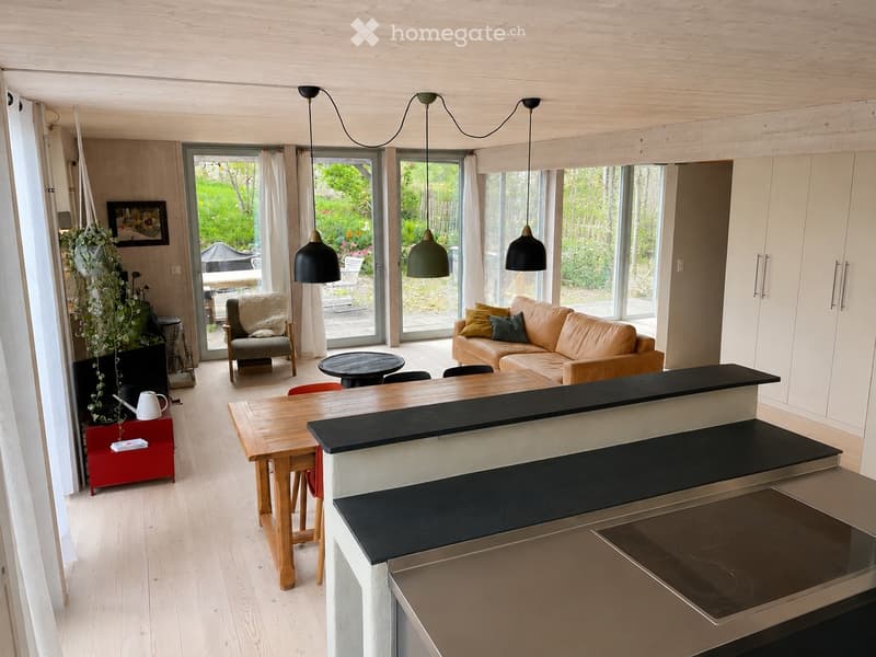 Open-plan living and dining area with a modern kitchen island, sofa, dining table, chairs, and pendant lights.
