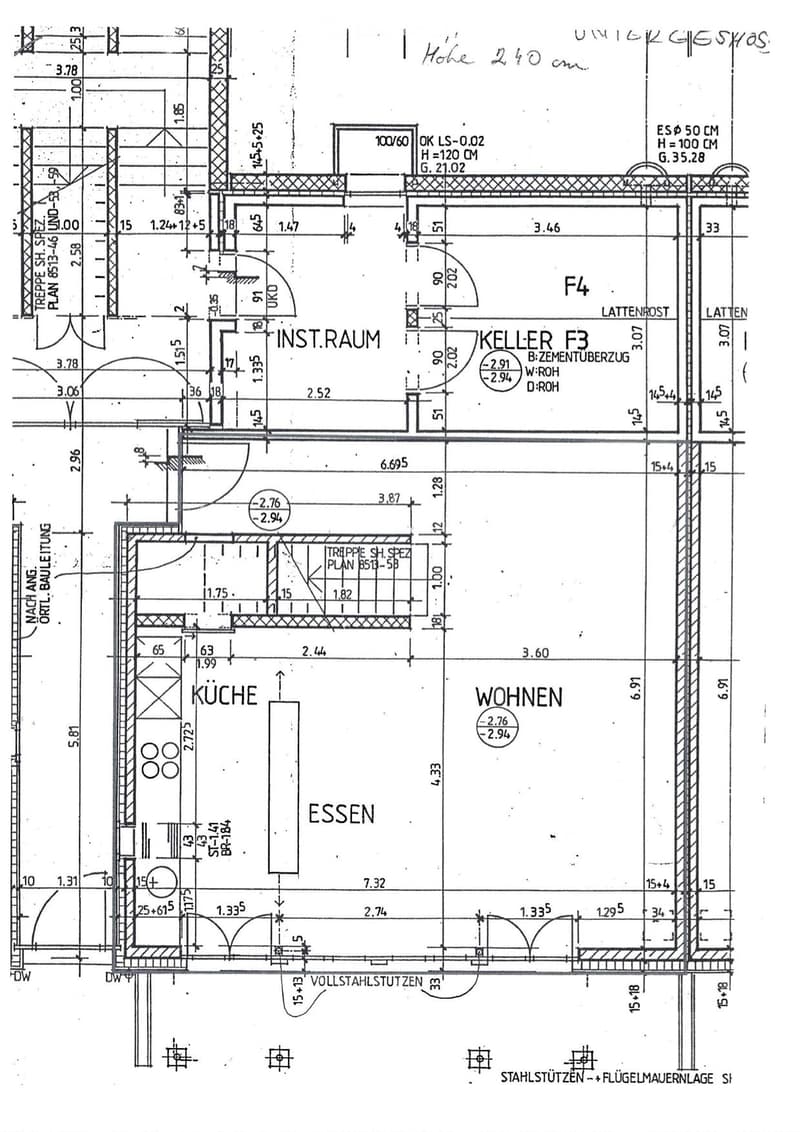 Floor plan showing a kitchen, dining area, living area, utility room, and basement. Includes measurements and structural details.