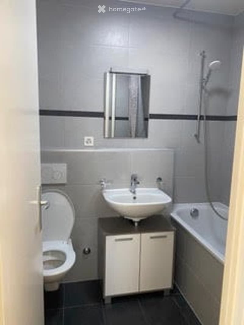 Modern bathroom with a toilet, sink, bathtub, mirror, and a small cabinet. The walls are tiled in grey with black trim, and the floor is dark tiled.
