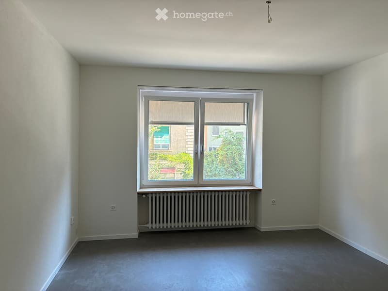 Empty room with light grey walls, grey carpeted floor, and a large window with white frame showing a view of the outside. A radiator is placed below the window.