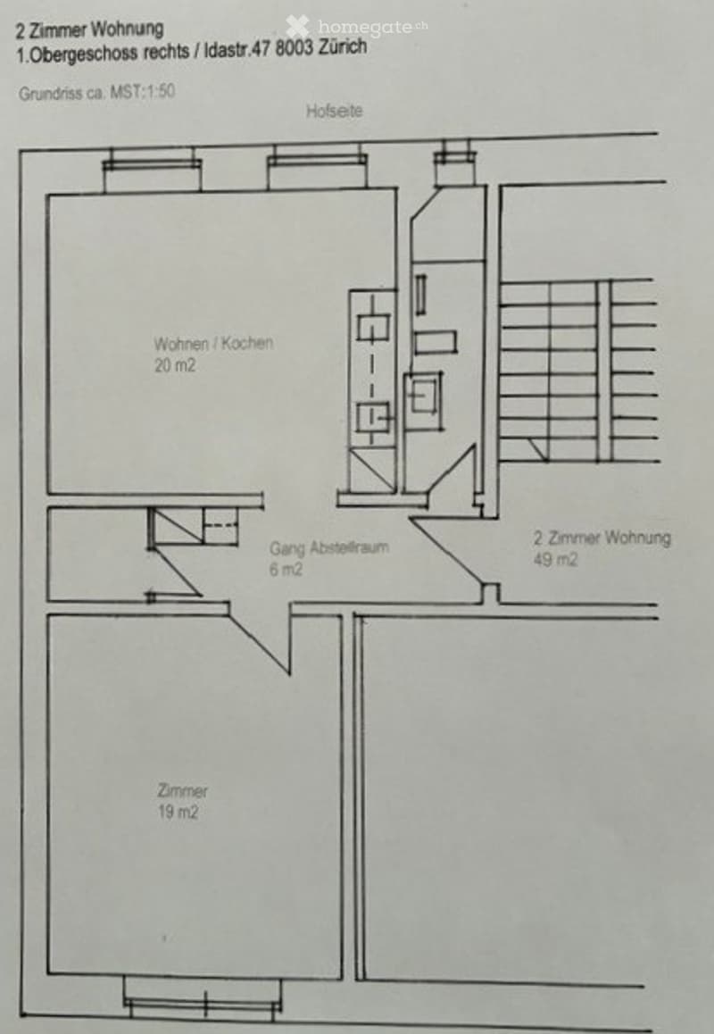 Floor plan of a 2-room apartment with a kitchen, hallway, and additional room. Layout includes labeled areas and dimensions.