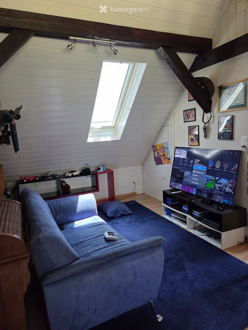 A cozy living room with a blue sofa, a television on a stand, a small table with toys, and framed pictures on the wall. The room features wooden beams and a skylight window.