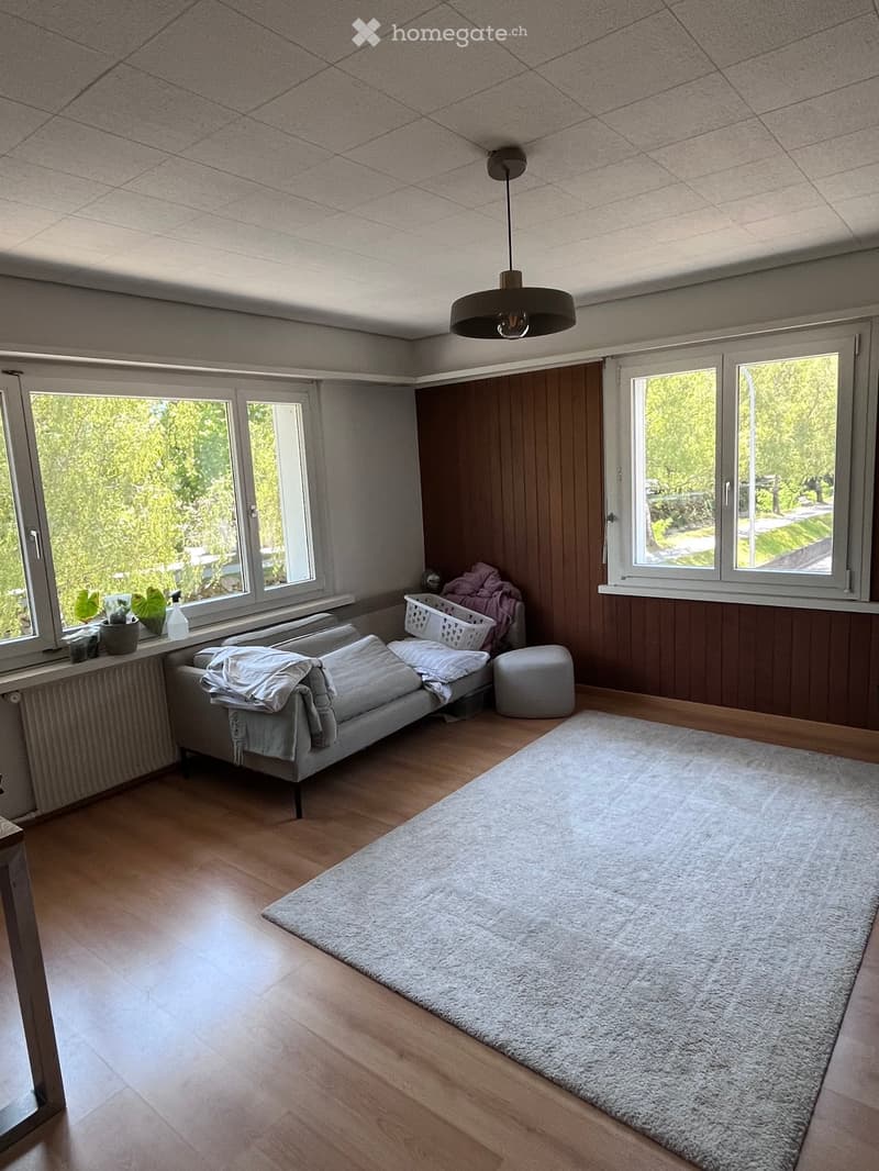 Bright living room with wooden flooring, large windows, a grey sofa, ottoman, shaggy rug, and decorative items on the windowsill.
