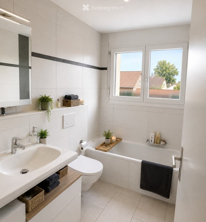 Modern bathroom with white tiles, a large window, a sink, a toilet, a bathtub, and decorative items including plants and candles.