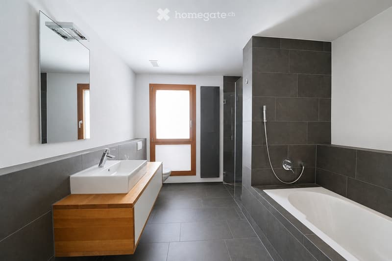 Modern bathroom with a white sink on a wooden vanity, a bathtub, a large mirror, and a glass-enclosed shower area.