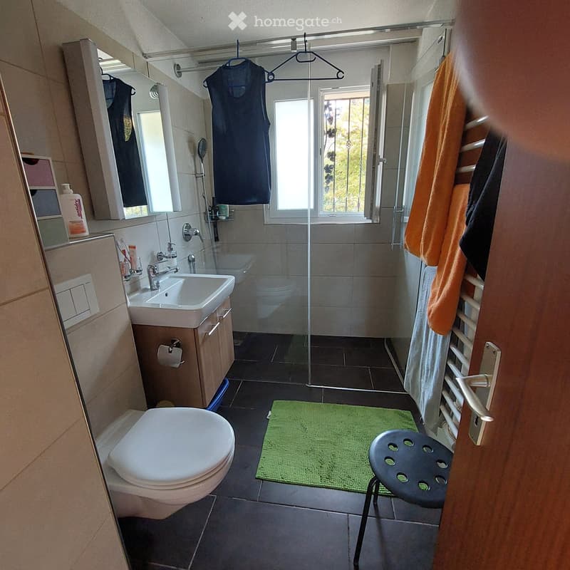 Modern bathroom with a white sink, toilet, mirror, towel rack, and a small green rug. A shower area is visible with a glass enclosure. A towel and a stool are also present.