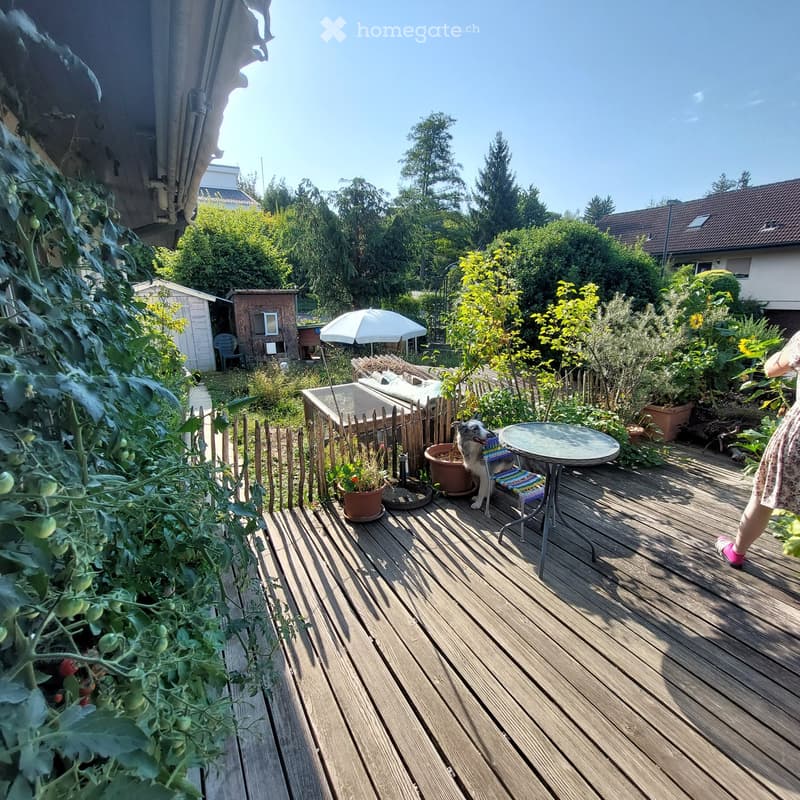 Wooden deck with a small round table, a chair, and a dog sitting on a cushion. Potted plants and a small fence are visible, with a garden and house in the background.